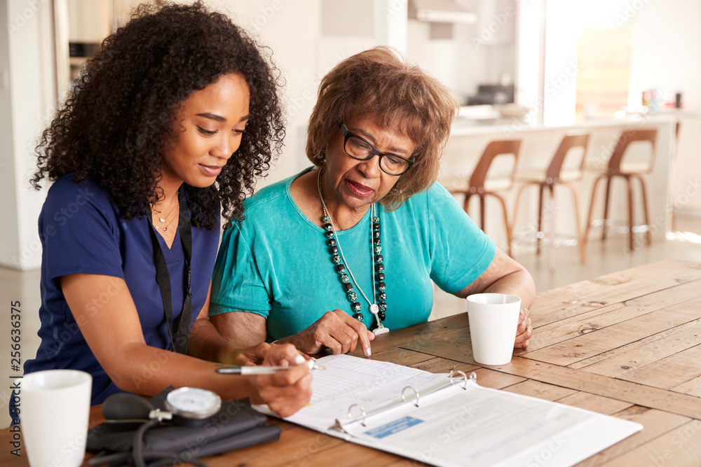 Caregiver with elderly patient at home